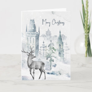 Cartão De Festividades Aldeia Nevada Cervo Aquarela Feliz Natal