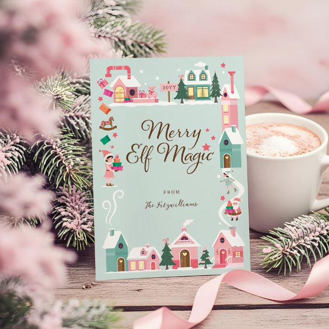 Cartão De Festividades Aldeia Rosa Santa Claus do Polo Norte (North Pole Elf Workshop Santa Claus Pink Village Holiday Card)