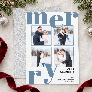 Cartão De Festividades Alegre & Casada Slate Azul Prata 4 Colagem de Foto