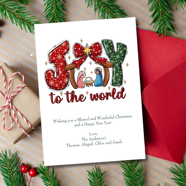 Cartão De Festividades Alegria à Cena Mundial Religiosa Cristã (Joy to the World Christmas Holiday Personalized Greeting Card)