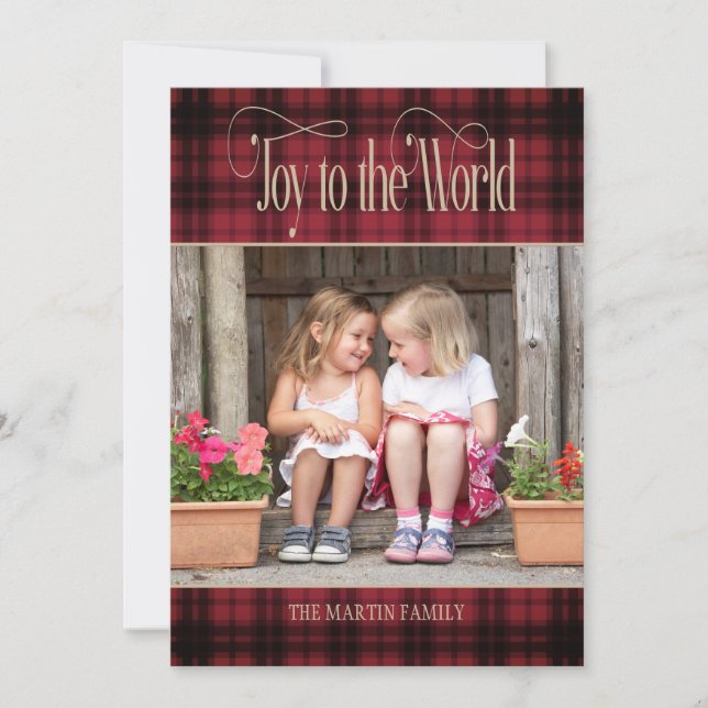 Cartão De Festividades Alegria à Xadrez Negra Vermelha do Natal Mundial (Frente)