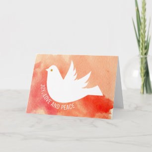 Cartão De Festividades Alegria, Amor e Paz pombo aquarela coral pêssego