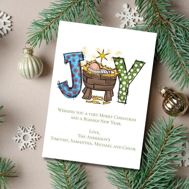 Cartão De Festividades Alegria Personalizada Bebê Jesus Natal Religioso (Joy Christmas Card Personalized Add your own greeting. Baby Jesus in Manger.)