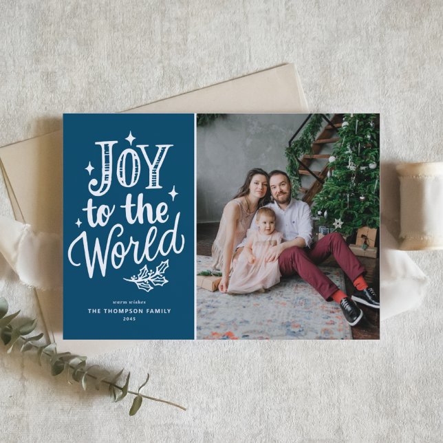 Cartão De Festividades Alegria Verde Ao Mundo Natal Carol Foto Holid (Celebrate the season with this customizable blue "Joy to the World" photo Christmas card.)