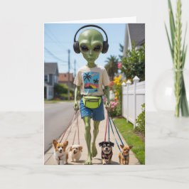Cartão De Festividades Alien Walkin' the Dog Card