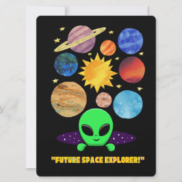 CARTÃO DE FESTIVIDADES ALIENÍGENA, UNIVERSO, ESPAÇONAVE, PLANETA E ASTRON