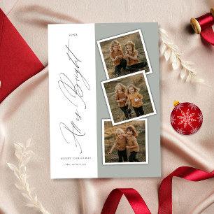 Cartão De Festividades All Is Bright Modern 3 Photo Christmas Sage Green