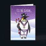 Cartão De Festividades Alojamento grande do pinguim maçónico do feriado<br><div class="desc">Seus irmãos maçónicos e suas famílias serão roxo agradado e ouro quando você lhes envia este cartão de Natal maçónico que caracteriza um pinguim do feriado no vestuário do oficial do alojamento grande. Este pinguim sofisticado do chapéu alto e do smoking é decorado com a jóia a mais worshipful e...</div>