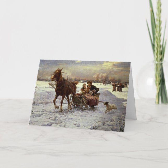 Cartão De Festividades Amantes em um trenó (Frente)