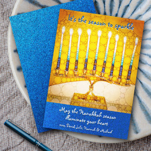 Cartão De Festividades Amarelo Dourado Menorah Hanukkah "Season Sparkle" 