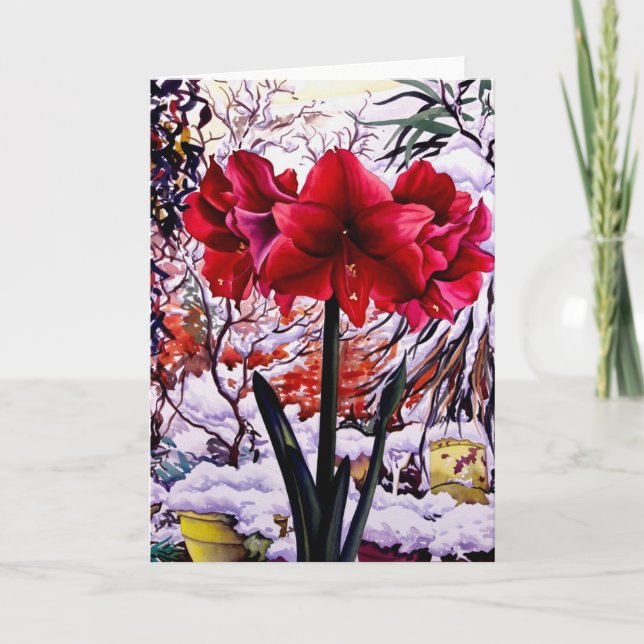 Cartão De Festividades Amaryllis por janela de neve (Frente)