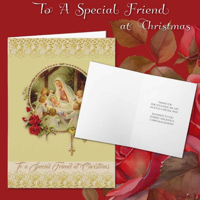 Cartão De Festividades Amigo Especial Religioso no Natal (Christmas Vintage Catholic Friendship Card with holy rosary and Virgin Mary & Jesus)