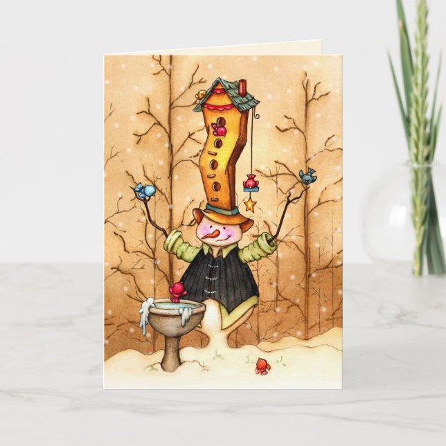 Cartão De Festividades Amigos do boneco de neve e do pássaro - (Frente)