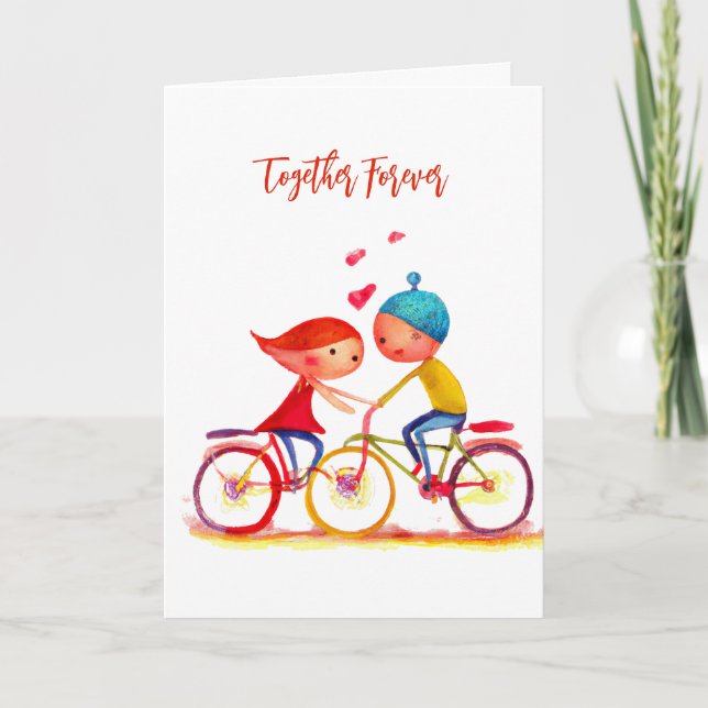 Cartão De Festividades Amor Cardíaco com Bicicleta de Casal de Aquarela (Frente)