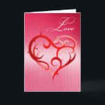Cartão De Festividades Amor - coração de Curlique<br><div class="desc">Um cartão bonito para isso especial alguém. Caracteriza um cheio abstrato artístico, cor-de-rosa, do vermelho e do branco do coração das ondas, os redemoinhos e os curliques contra um fundo listrado cor-de-rosa & branco e o amor da palavra. Aperfeiçoe para dia s dos namorados de ", aniversários, aniversários ou apenas...</div>