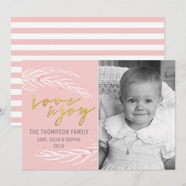 Cartão De Festividades Amor e Alegria em Rose Gold Natal Moderno (Frente/Verso)