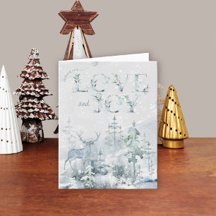 Cartão De Festividades Amor e Alegria Inverno Floresta de Neve e Cervo Fe