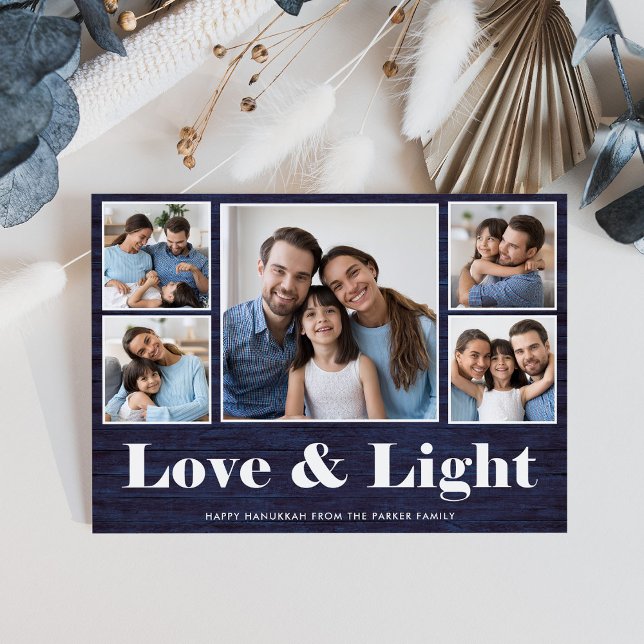 Cartão De Festividades Amor e Luz| Grelha de Fotos Russas Azuis de Chanuc (A rustic, blue wood look Hanukkah card with a photo grid)