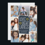 Cartão De Festividades Amor, Luz e Trás | Colagem de Fotos de Hanukkah<br><div class="desc">Cartão com fotos divertida e festiva de Hanukkah mostra oito fotos organizadas em um layout de colagem. "Amor,  luz,  latas" aparece no centro em letras brancas sobre um fundo azul escuro acentuado com estrelas. Personalize com seus nomes e o ano.</div>