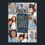 Cartão De Festividades Amor, Luz e Trás | Colagem de Fotos de Hanukkah<br><div class="desc">Cartão com fotos divertida e festiva de Hanukkah mostra oito fotos organizadas em um layout de colagem. "Amor,  luz,  latas" aparece no centro em letras brancas sobre um fundo azul escuro acentuado com estrelas. Personalize com seus nomes e o ano.</div>