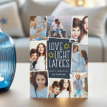 Cartão De Festividades Amor, Luz e Trás | Colagem de Fotos de Hanukkah<br><div class="desc">Cartão com fotos divertida e festiva de Hanukkah mostra oito fotos organizadas em um layout de colagem. "Amor,  luz,  latas" aparece no centro em letras brancas sobre um fundo azul escuro acentuado com estrelas. Personalize com seus nomes e o ano.</div>