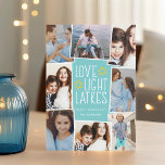 Cartão De Festividades Amor, Luz e Trás | Colagem de Fotos de Hanukkah<br><div class="desc">Cartão com fotos divertida e festiva de Hanukkah mostra oito fotos organizadas em um layout de colagem. "Love,  light,  latkes" aparece no centro em letras brancas sobre um fundo azul-turquesa brilhante acentuado com estrelas. Personalize com seus nomes e o ano.</div>
