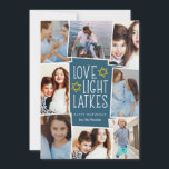 Cartão De Festividades Amor, Luz e Trás | Colagem de Fotos de Hanukkah<br><div class="desc">Cartão com fotos divertida e festiva de Hanukkah mostra oito fotos organizadas em um layout de colagem. "Amor,  luz,  latas" aparece no centro em letras brancas sobre um fundo azul escuro acentuado com estrelas. Personalize com seus nomes e o ano.</div>