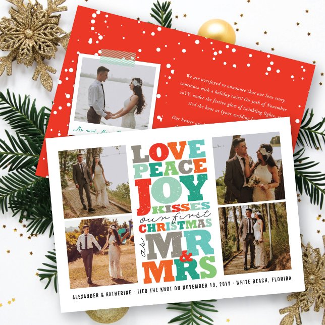 Cartão De Festividades Amor Paz Alegria Beijos Sr e Sra 1º Natal Foto (Love Peace Joy Kisses COlorful Typography Mr & Mrs 1st Christmas Photo Holiday Card by fat*fa*tin)