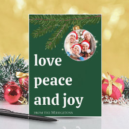 Cartão De Festividades Amor Paz Alegria Natal Pilha Foto Verde Escuro