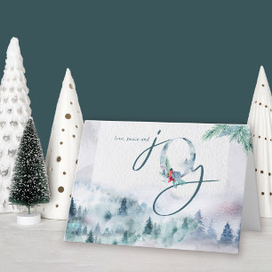 Cartão De Festividades Amor Paz e Alegria Aquarela Floresta de Pinheiros