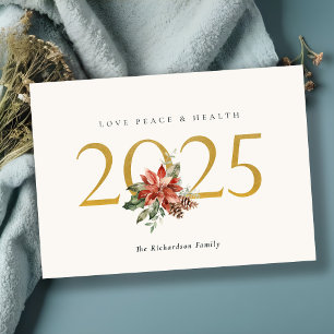 Cartão De Festividades Amor Paz Saúde Poinsettia Ramo Folha Dourada 2025