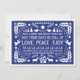 Cartão De Festividades Amor pela paz, Joy papel picado azul Natal