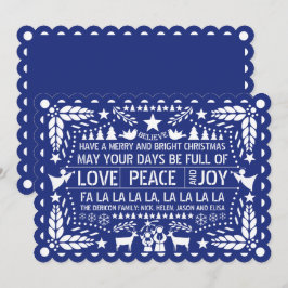 Cartão De Festividades Amor pela paz, Joy papel picado azul Natal