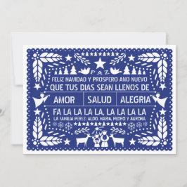 Cartão De Festividades Amor, salud, Natal do azul do picado do papel do
