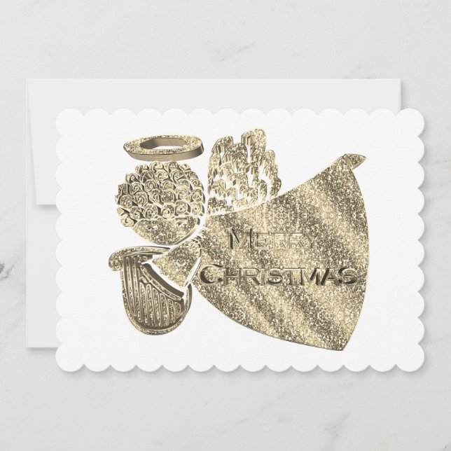 Cartão De Festividades Angel Playing Harp Elegante Dourado Natal Branco (Frente)