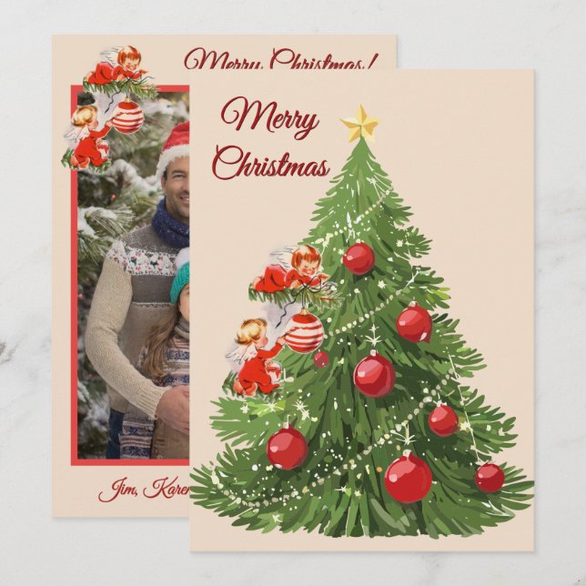 Cartão De Festividades Ângulos decorando a árvore | Creme (Frente/Verso)