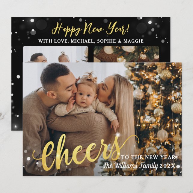 Cartão De Festividades Anima-se ao Ano Novo Luz 3 Foto Preta (Frente/Verso)