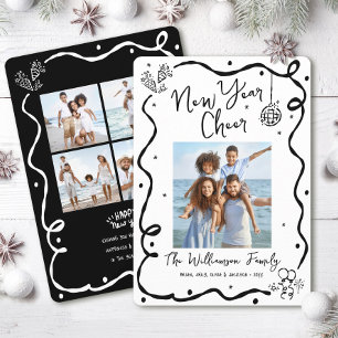 Cartão De Festividades Animação de Ano Novo 5 Foto Preto Branco Desenho à
