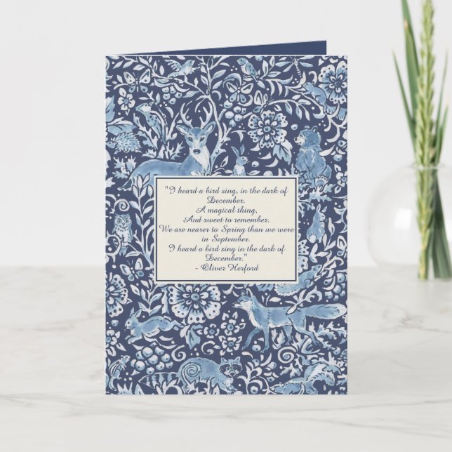 Cartão De Festividades Animais da Floresta de Natal Blue Winter Poem Pers (Frente)