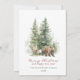 Cartão De Festividades Animais da Floresta em Neve no Inverno em Aquarela