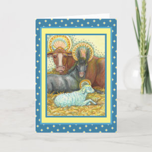 CARTÃO DE FESTIVIDADES ANIMAIS DE NATIVIDADE EM ESTÁVEL, OX, DONKEY E OV