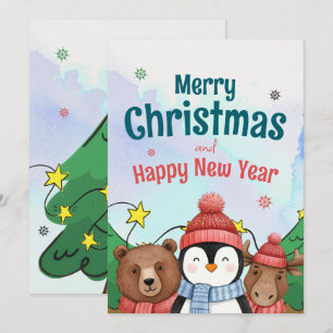 Cartão De Festividades Animal Fofo Aquarela Natal Cor Azul