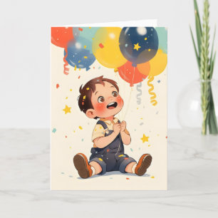 Cartão De Festividades Anime Boy Feliz Balões Coloridos