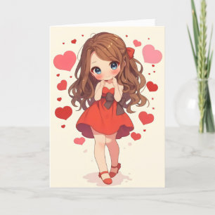 Cartão De Festividades Anime Girl Red Chibi Heart
