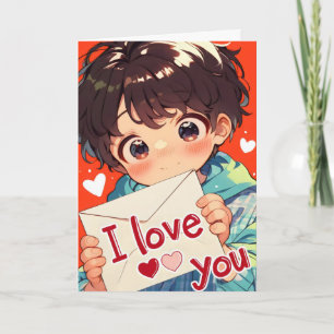 Cartão De Festividades Anime Menino Amor Kawaii