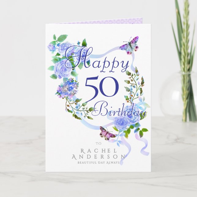 Cartão De Festividades Aniversário da Faixa de Rosa Azul (Frente)