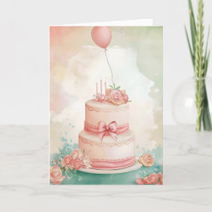Cartão De Festividades Aniversário do Bolo Rosa Delicado