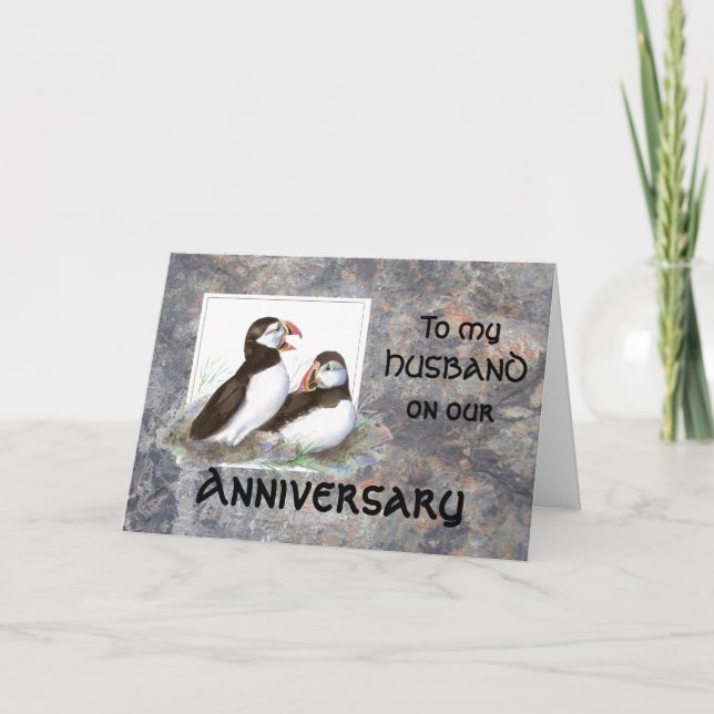 Cartão De Festividades Aniversário Engraçado, Marido, Pássaros Puffin Bon (Frente)