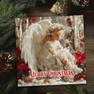 Cartão De Festividades Anjo angelical vintage vermelho dourado brilhante 