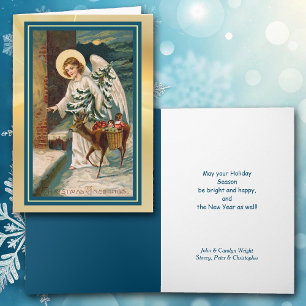 Cartão De Festividades Anjo com cervo e placa de Natais vintages para pre